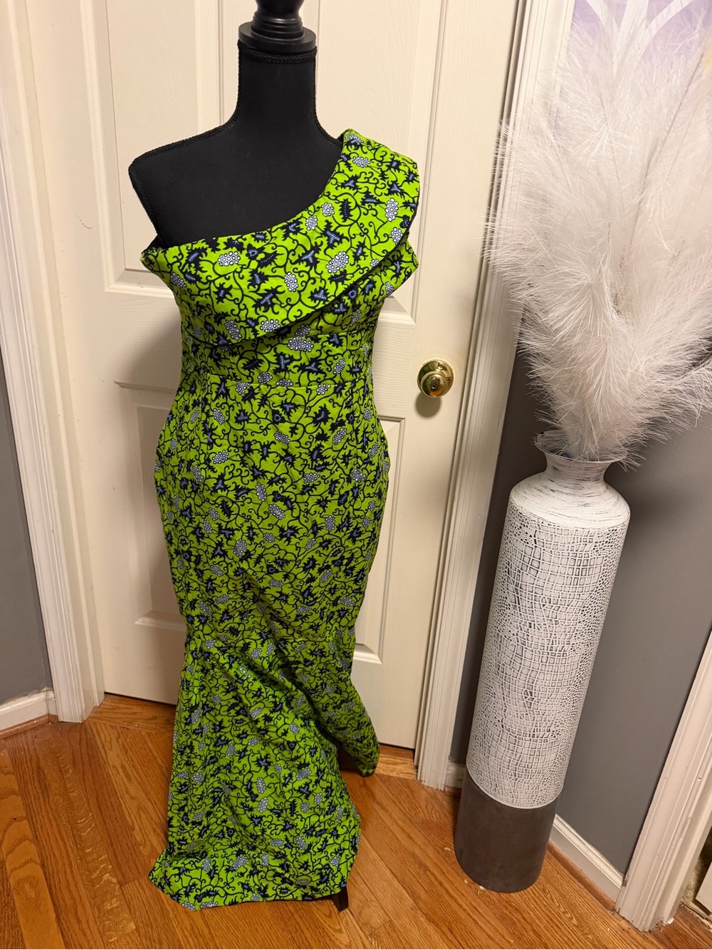 One-Shoulder Lime Green Floral Evening Gown